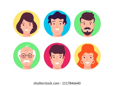 Flat design vector illustration. User pics of different people, nations and profession and the age. Modern style. 