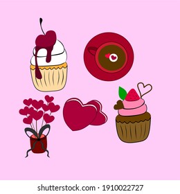 Flat design vector illustration of Valentine foods and drinks.