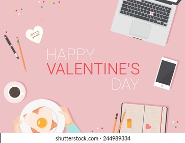 Flat design vector illustration. Valentine's day card. Modern top view of desk background.