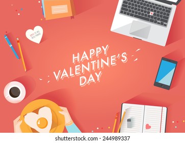 Flat design vector illustration. Valentine's day card. Modern top view of desk background.