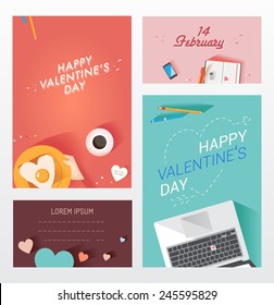 Flat design vector illustration. Valentine's day card. Modern top view of desk background.