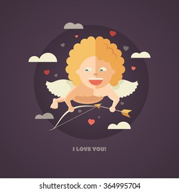 Flat design vector illustration of Valentines day card with a Cupid flying in the sky