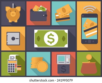 Flat Design Vector Illustration With Various Money And Personal Finance Icons