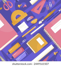 A flat design vector illustration of various school supplies on a purple background, concept of education and learning. Vector illustration