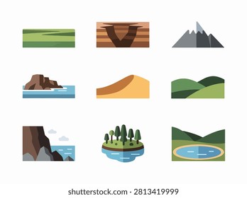 Flat design vector illustration of various geometric shapes and structures in bright colors