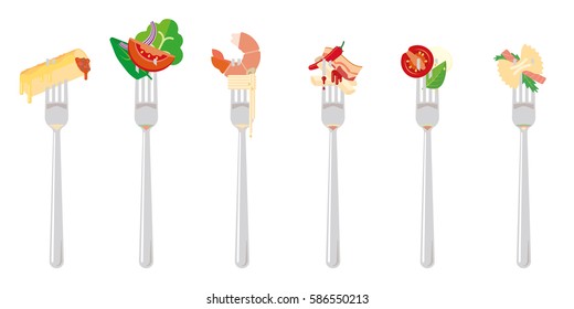 flat design vector illustration of various italian dishes portions on forks