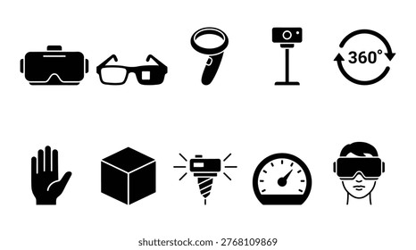 Flat design vector illustration of VR, AR, and immersive tech elements including headsets, drones, and 360-degree views. Ideal for technology marketing, business presentations, educational materials, and digital innovation content.