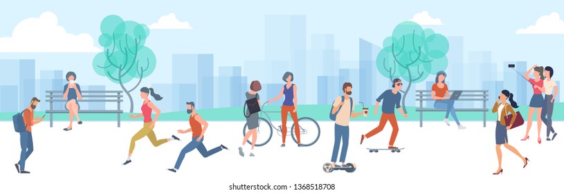 Flat design vector illustration of wikend urban park outdoor activity. People running, seating on the bench, making selfie, walking reading, skating.