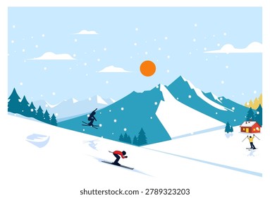 Flat design vector illustration of a winter ski resort with people skiing on snowy slopes near a cozy red cabin. Features a beautiful alpine mountain landscape with pine trees, snowflakes, and a big orange sun in the sky. Ideal for travel promotions, winter holiday banners, and sports posters.