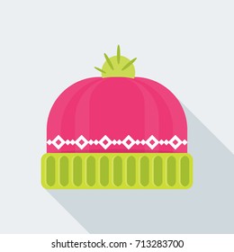 Flat design vector illustration winter hat icon. Warm winter clothes, shoes, accessories. Active leisure and lifestyle in cold season, in mountains, in north. Isolated on white background.