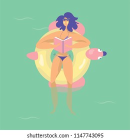 Flat design, vector illustration of woman reading book in swimming pool, inflatable ring pink flamingo