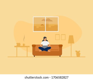 Flat design vector illustration of a woman working at home