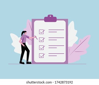 Flat design vector illustration of a woman with clipboard checking list or plan concept