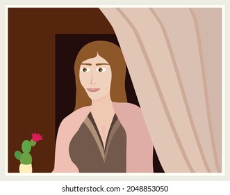 Ilustración vectorial de diseño plano de la mujer mirando a través de la ventana con cactus florecientes en su marco