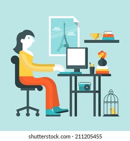Flat design vector illustration of woman working on computer