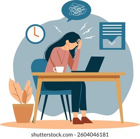 A flat design vector illustration of a woman stressed with work overload and deadline pressure, showing job anxiety, being overwhelmed with tasks and time constraints