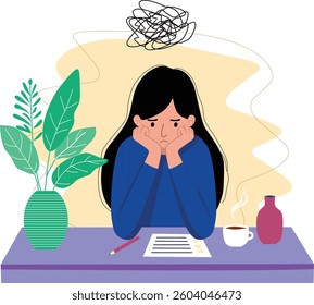 A flat design vector illustration of a woman overwhelmed with work, showing job stress from heavy workload, feeling anxious and stressed with work accumulation