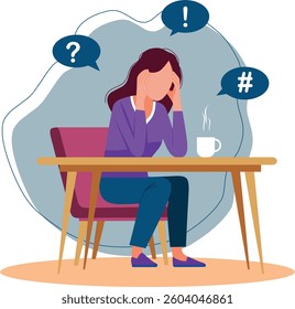 A flat design vector illustration of a woman with anxiety syndrome or stress, showing mental overload, being overwhelmed by thoughts and worries