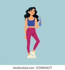 Flat design vector illustration woman in fitness clothes holding a bottle. Healthy lifestyle, hydration, healthy diet concept.