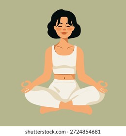 Flaches design, Vektorgrafik. Frau in einer Yoga-Pose meditieren, entspannen.  Gesundheit, Meditation, Achtsamkeit, Selbstversorgung Konzept.