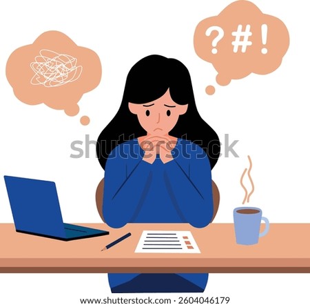 A flat design vector illustration of a woman experiencing anxiety or stress at work, showing mental health issues, being overwhelmed with workload and emotional turmoil.