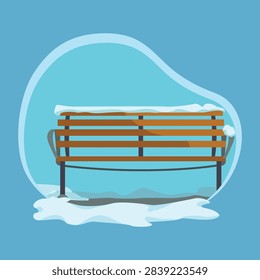 A flat design vector illustration of a wooden park bench covered in snow, set against a light blue winter background.