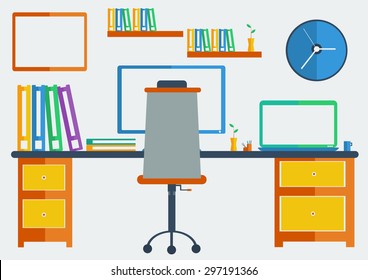 Flat design vector illustration work space in office room.  