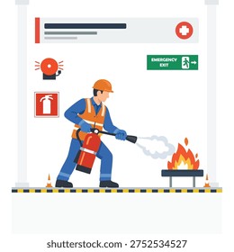 Flat Design Vector Illustration of a Worker using a Fire Extinguisher to Put Out a Fire; Workplace Safety Training Graphic with Emergency Exit and First Aid Signs for Industrial Procedures