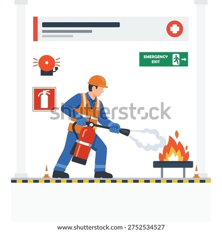 Flat Design Vector Illustration of a Worker using a Fire Extinguisher to Put Out a Fire; Workplace Safety Training Graphic with Emergency Exit and First Aid Signs for Industrial Procedures