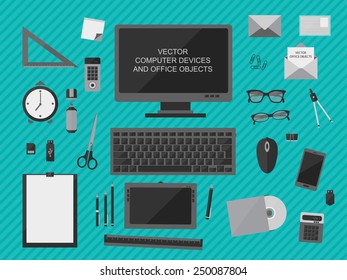 Flat design. Vector illustration of workplace with computer devices, office objects, stationery and business  documents