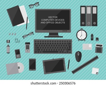 Flat design. Vector illustration of workplace with computer devices, office objects, stationery and business  documents