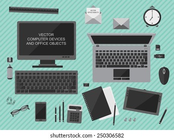 Flat design. Vector illustration of workplace with computer devices, office objects, stationery and business documents
