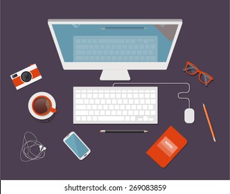 Flat design vector illustration of workstation. Computer desk
