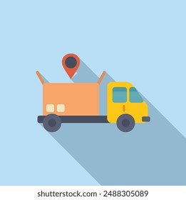 Flat design vector illustration of a yellow delivery truck with a red location marker