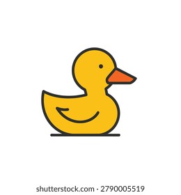 A flat design vector illustration of a yellow rubber duck with an orange beak isolated on a white background, representing childhood toys and bath time.