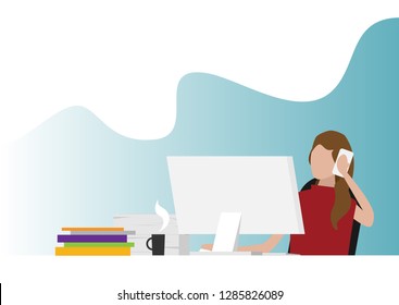 Flat design vector illustration young woman holding modern mobile device and talking on the mobile phone in the office