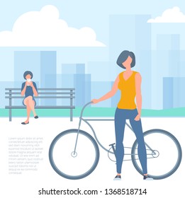 Flat design vector illustration of  young woman with bicicle and woman with smartphone on the bench. Park, urban landscape, trees. Vector template for banner, web page and mobile app.