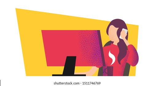 Flat design vector illustration young woman holding modern mobile device and talking on the mobile phone in the office