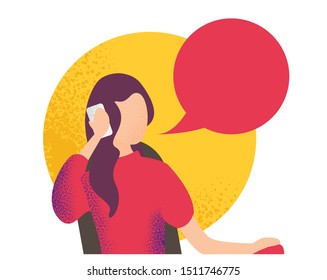 Flat design vector illustration young woman holding modern mobile device and talking on the mobile phone in the office
