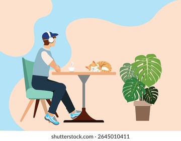 Flat design vector illustration of a young man relaxing at a coffee table with a steaming cup of coffee, accompanied by a sleeping orange cat and a large potted plant. The soft pastel background 