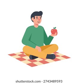 Flat design vector illustration of a young man sitting cross-legged on a picnic blanket