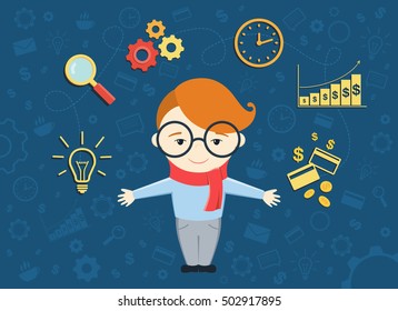 Flat design vector illustration of young business man shows process converting of idea into money