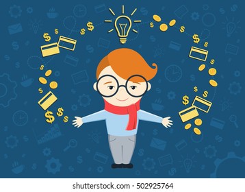 Flat design vector illustration of young business man shows process converting of idea into money