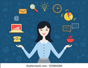 Flat design vector illustration of young business woman, personal assistant or hard working secretary