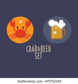 Flat design vector illustrations: crab and beer icons could be used as stickers, pub or restaurant signs, book illustrations, seafood restaurant menu elements. Beer mug with bubbles and red crab.