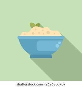 Flat design vector image of a blue bowl filled with rice on a soft green background