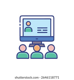 Uma imagem vetorial de design plana representa uma reunião on-line na tela do computador com os membros da equipe abaixo. O estilo é moderno e limpo.