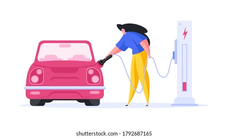 Flaches Design von Vektorbild mit weiblichem Charakter, der moderne Automobil auf einer Station elektrischer Energie einzeln auf weißem Hintergrund auflädt