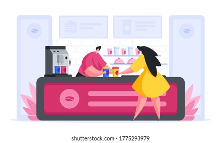 Flat design of vector image with male barista giving takeaway cup of coffee to female customer visiting coffee shop on white background
