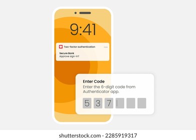 Imagen vectorial de diseño plano de un smartphone que muestra una aplicación autenticadora de 2 factores con un código de 6 dígitos para el inicio de sesión seguro. Plantilla moderna de diseño de interfaz de usuario de teléfono móvil.